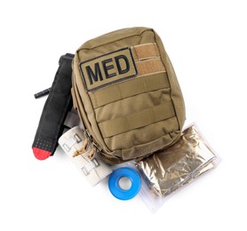 Photo of Military first aid kit on white background, top view