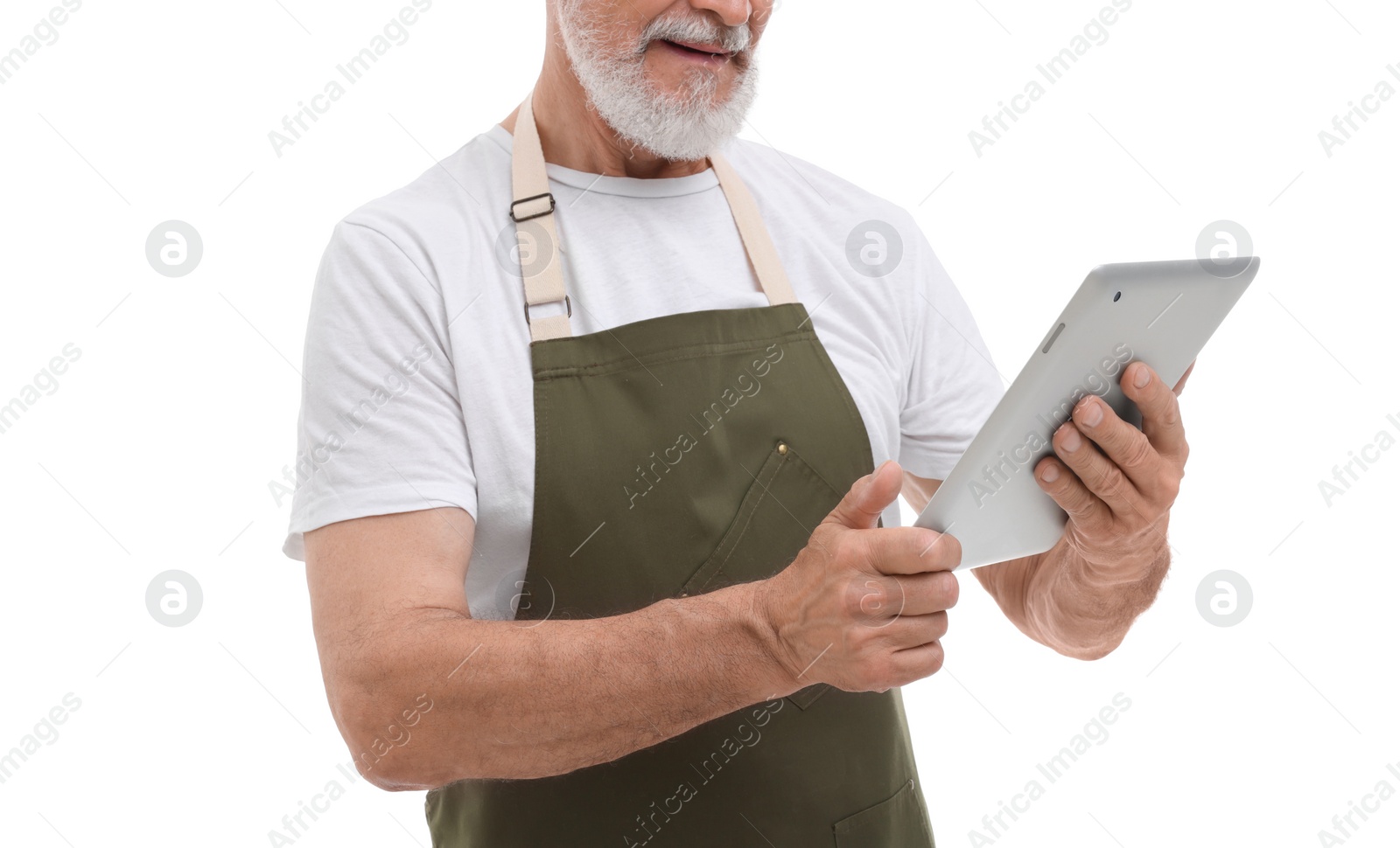 Photo of Man with tablet on white background, closeup