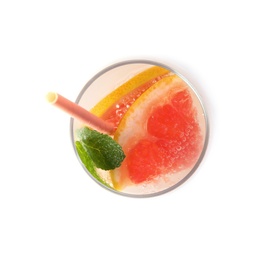 Photo of Glass of grapefruit cocktail isolated on white, top view