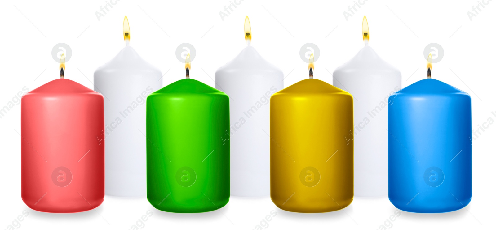 Image of Set of burning color candles on white background. Banner design