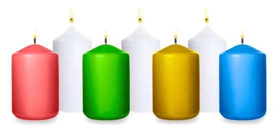 Image of Set of burning color candles on white background. Banner design