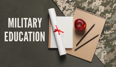 Image of Military education. Stationery, apple and diploma on color background, flat lay