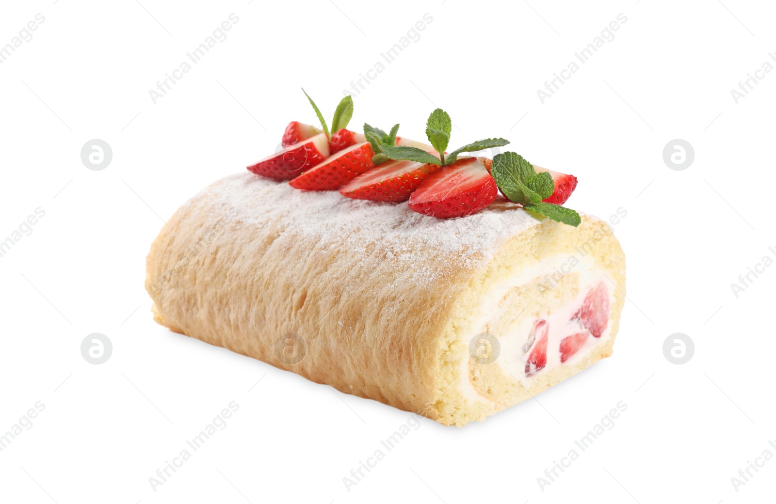 Photo of Delicious cake roll with strawberries and cream isolated on white