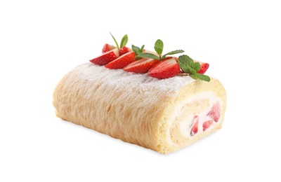 Photo of Delicious cake roll with strawberries and cream isolated on white