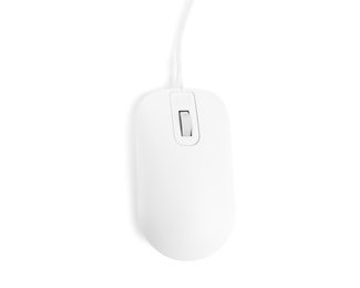 Modern wired optical mouse isolated on white, top view