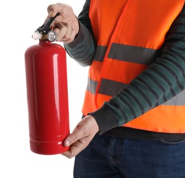 Photo of Man with fire extinguisher on white background, closeup