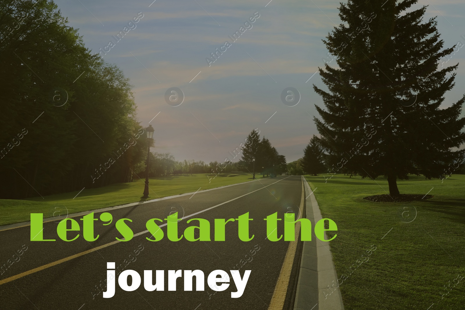 Image of Inspirational quote - Let’s start the journey. Beautiful view of empty asphalt road and green trees