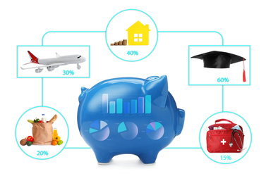 Image of Budget planning. Piggy bank with charts and different expenses