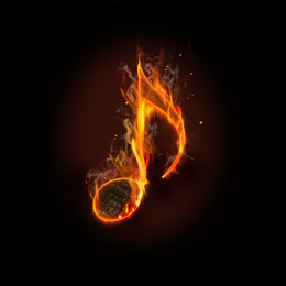 Illustration of Creative image of flaming musical note on abstract dark background