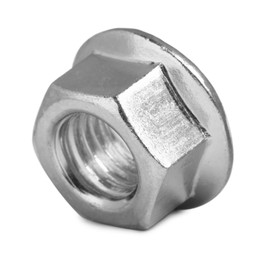 Photo of One metal flange nut on white background