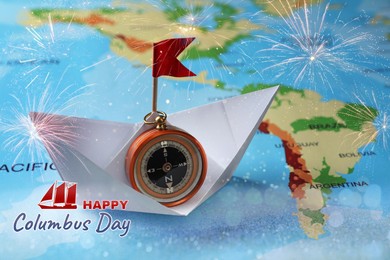 Happy Columbus Day. White paper boat with compass on world map