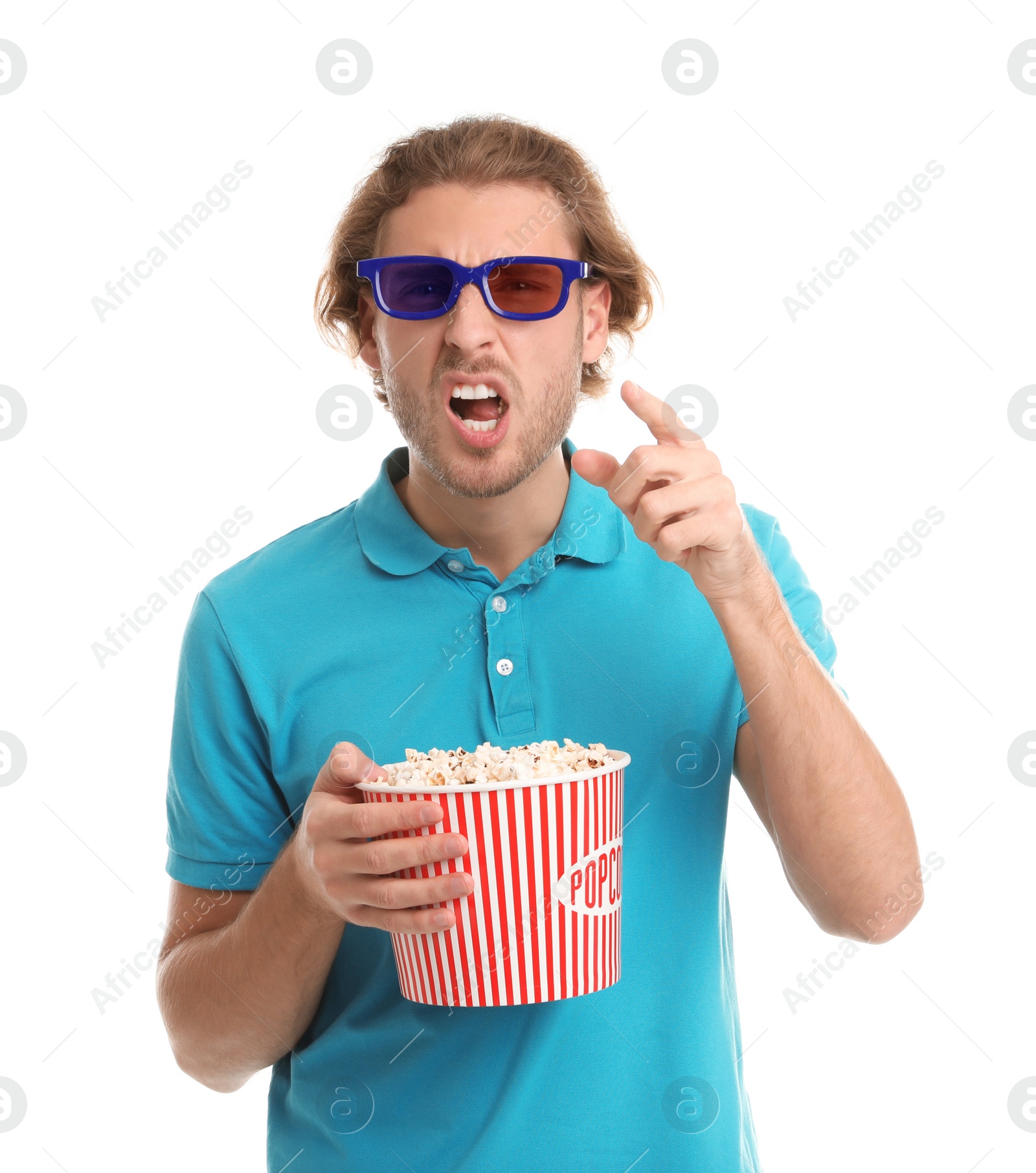 Photo of Emotional man with 3D glasses and popcorn during cinema show on white background