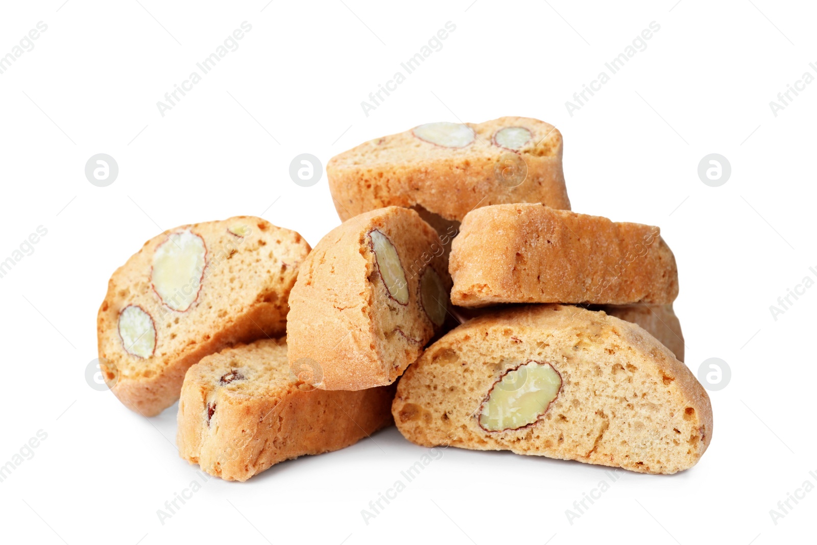 Photo of Slices of tasty cantucci on white background. Traditional Italian almond biscuits