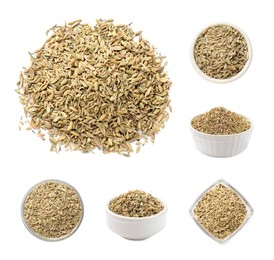 Image of Dry fennel seeds isolated on white, set