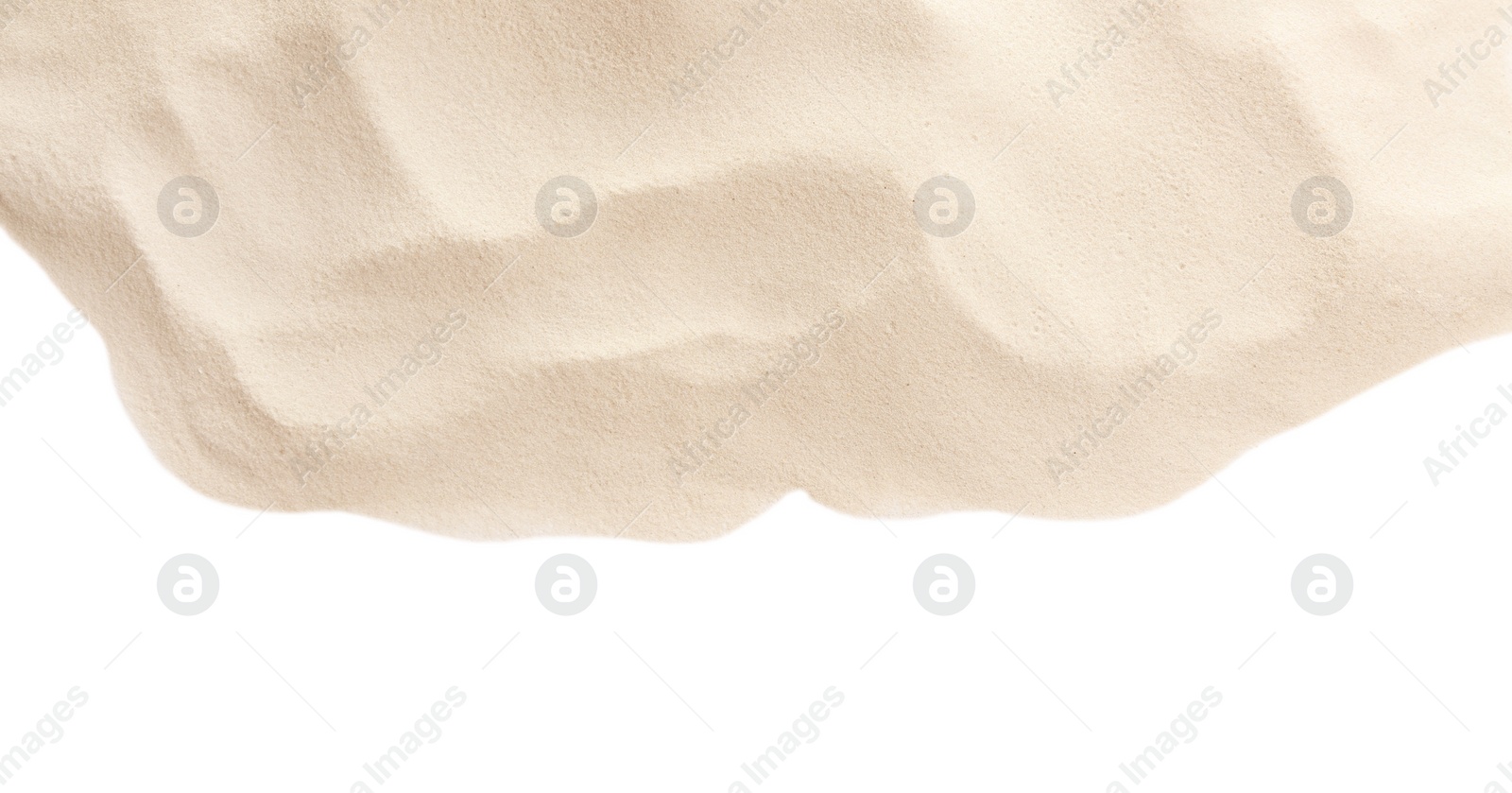 Photo of Dry beach sand on white background, top view