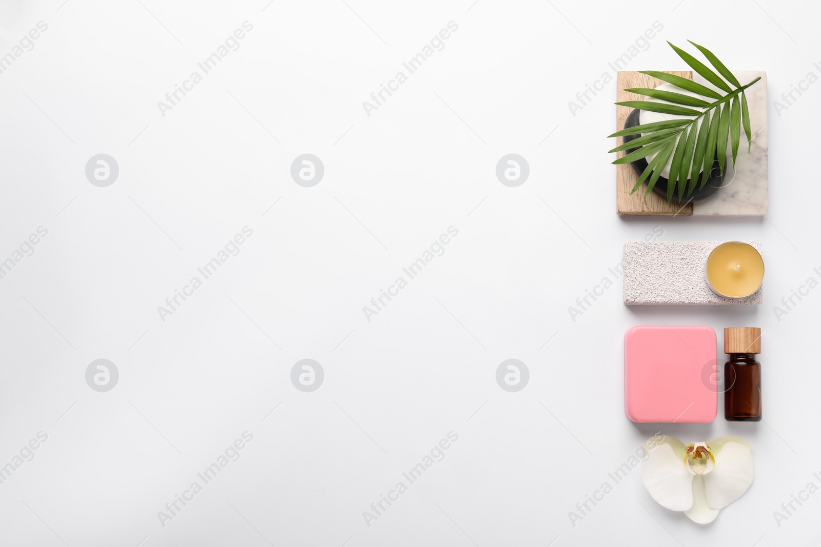 Photo of Flat lay composition with different spa products on white background, space for text