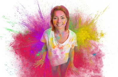 Image of Holi festival celebration. Happy woman covered with colorful powder dyes on white background