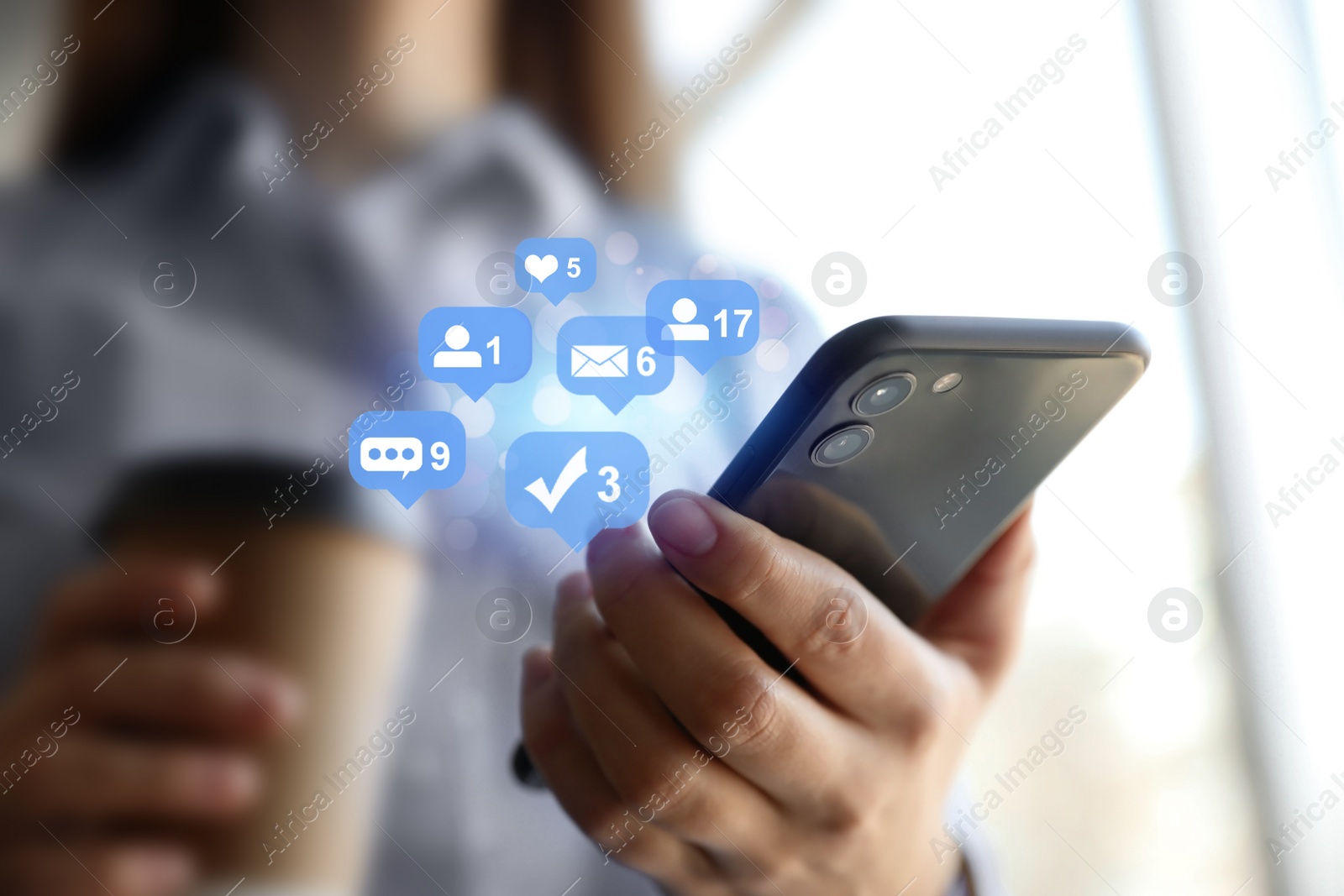 Image of Woman using modern smartphone indoors, closeup. Social media marketing