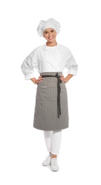 Photo of Female chef in apron on white background