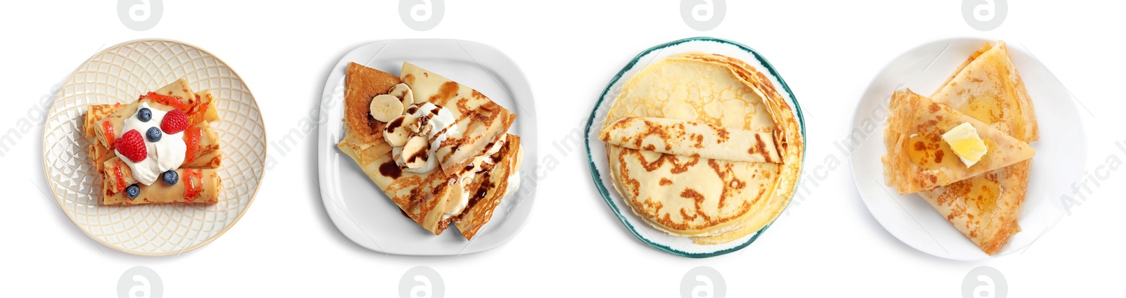 Image of Set of tasty thin pancakes on white background, top view. Banner design