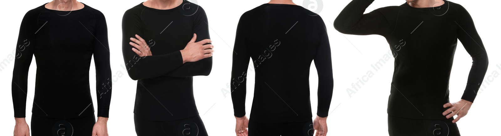 Image of Collage of man wearing thermal underwear isolated on white, closeup