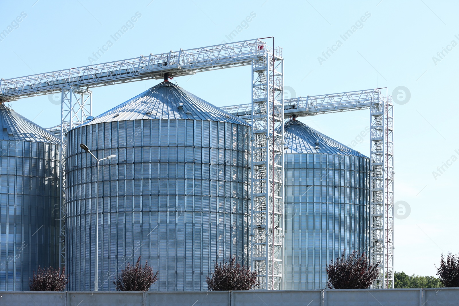 Photo of View of grain elevator against blue sky on sunny day. Cereal farming