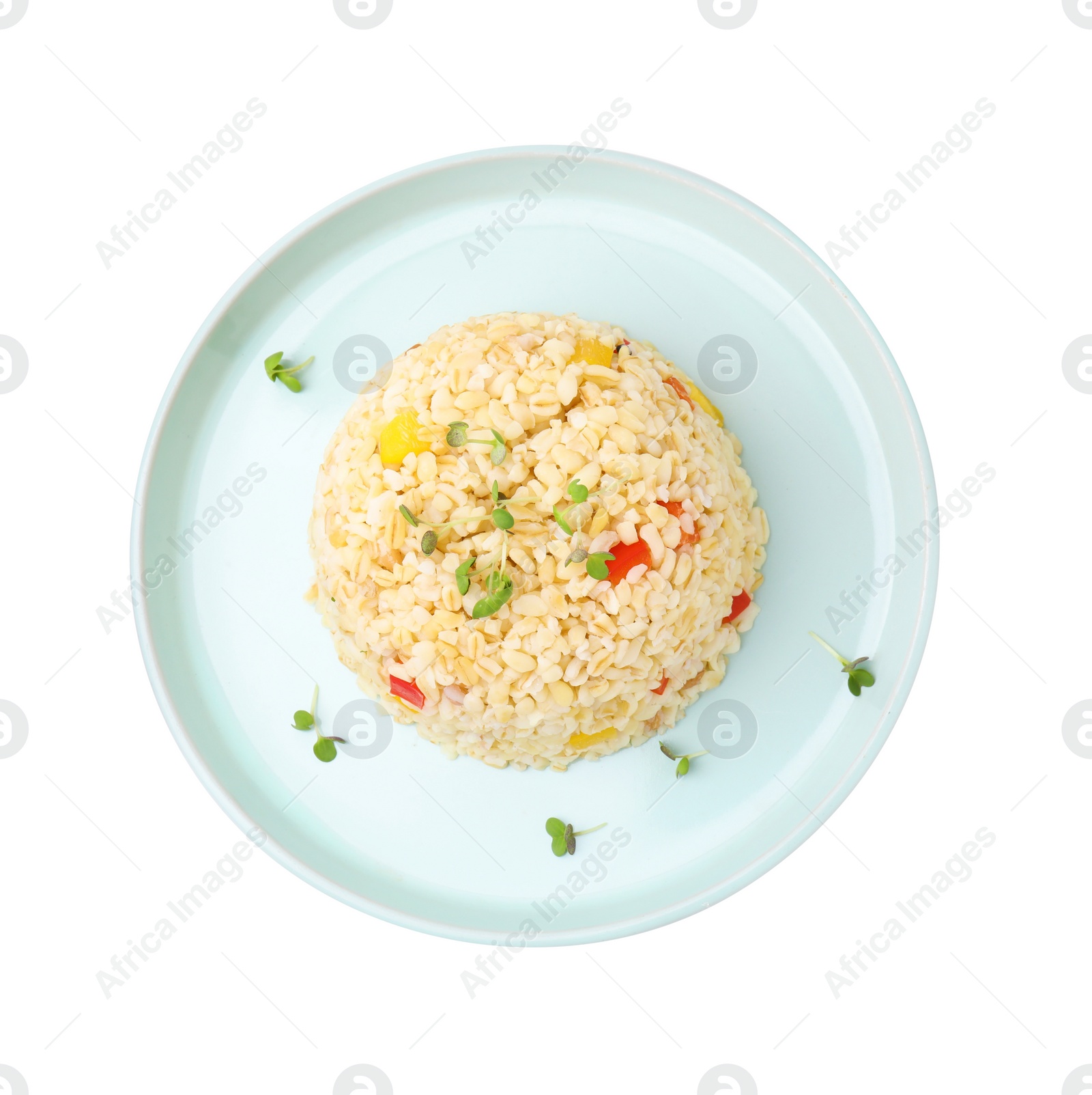 Photo of Delicious bulgur with vegetables and microgreens isolated on white, top view