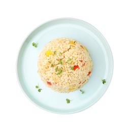 Photo of Delicious bulgur with vegetables and microgreens isolated on white, top view