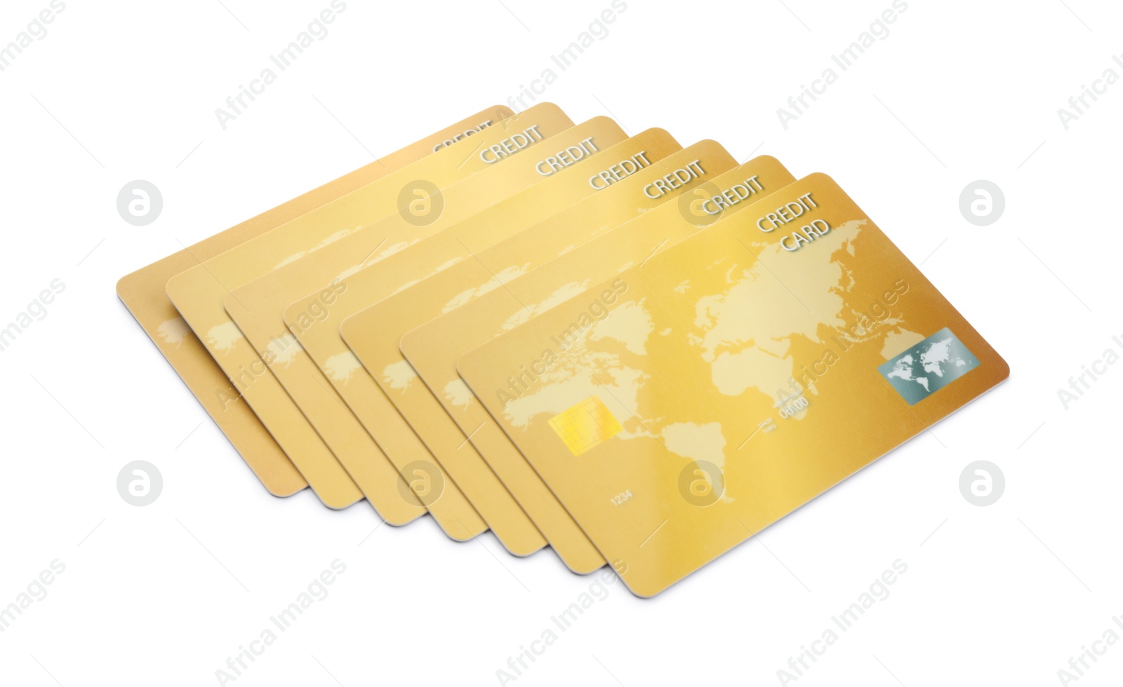 Photo of Golden plastic credit cards on white background