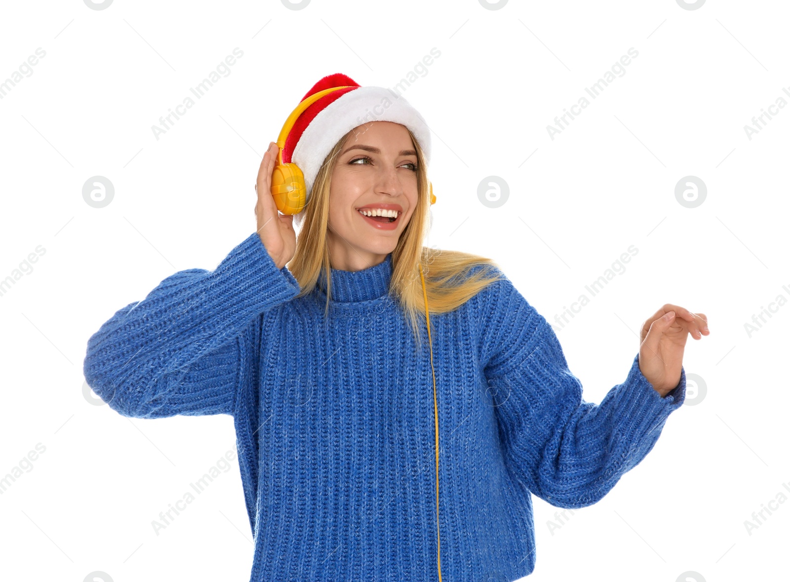 Photo of Happy woman with headphones on white background. Christmas music