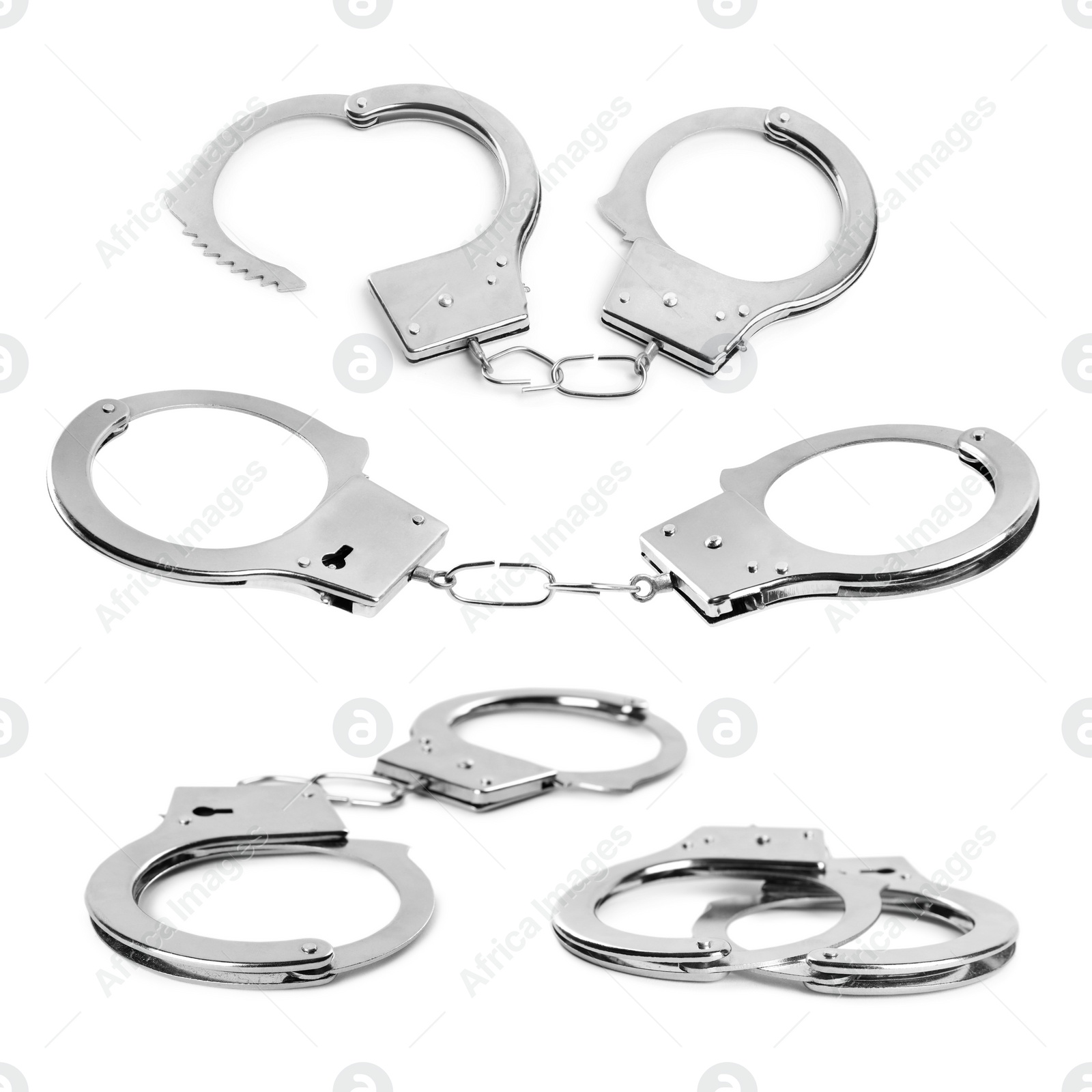 Image of Set with classic chain handcuffs on white background