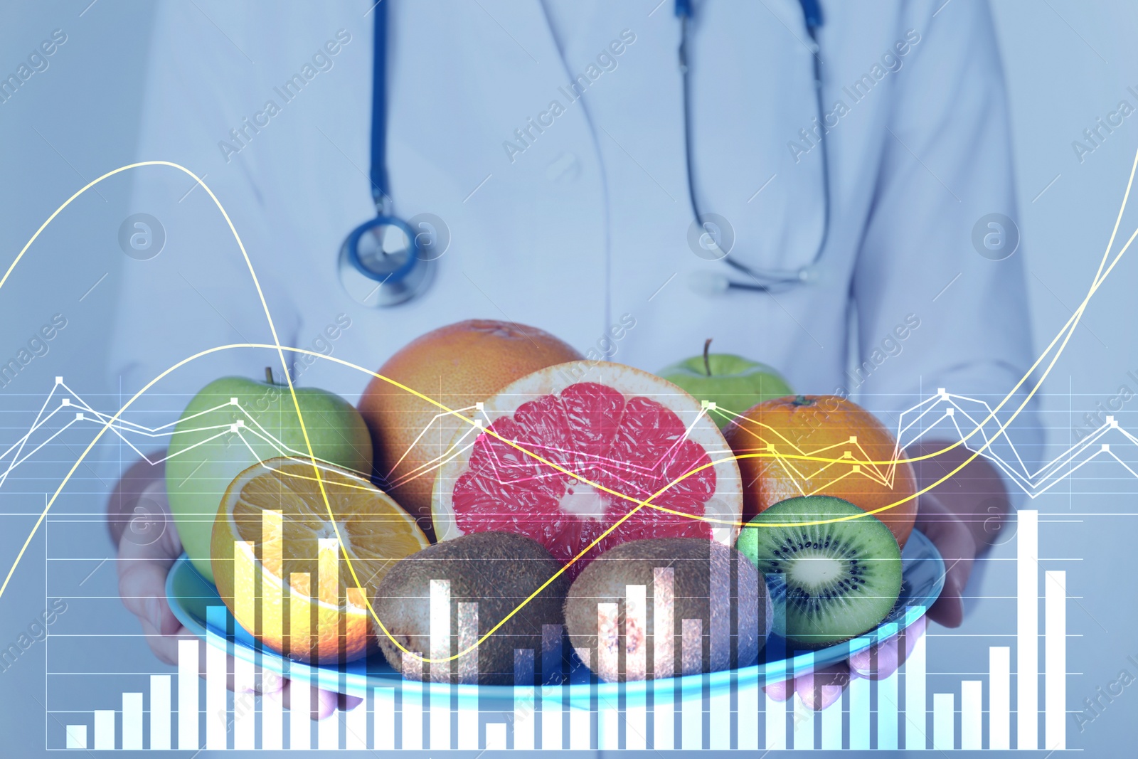 Image of Nutritionist holding plate with ripe fruits and illustration of charts. Healthy eating