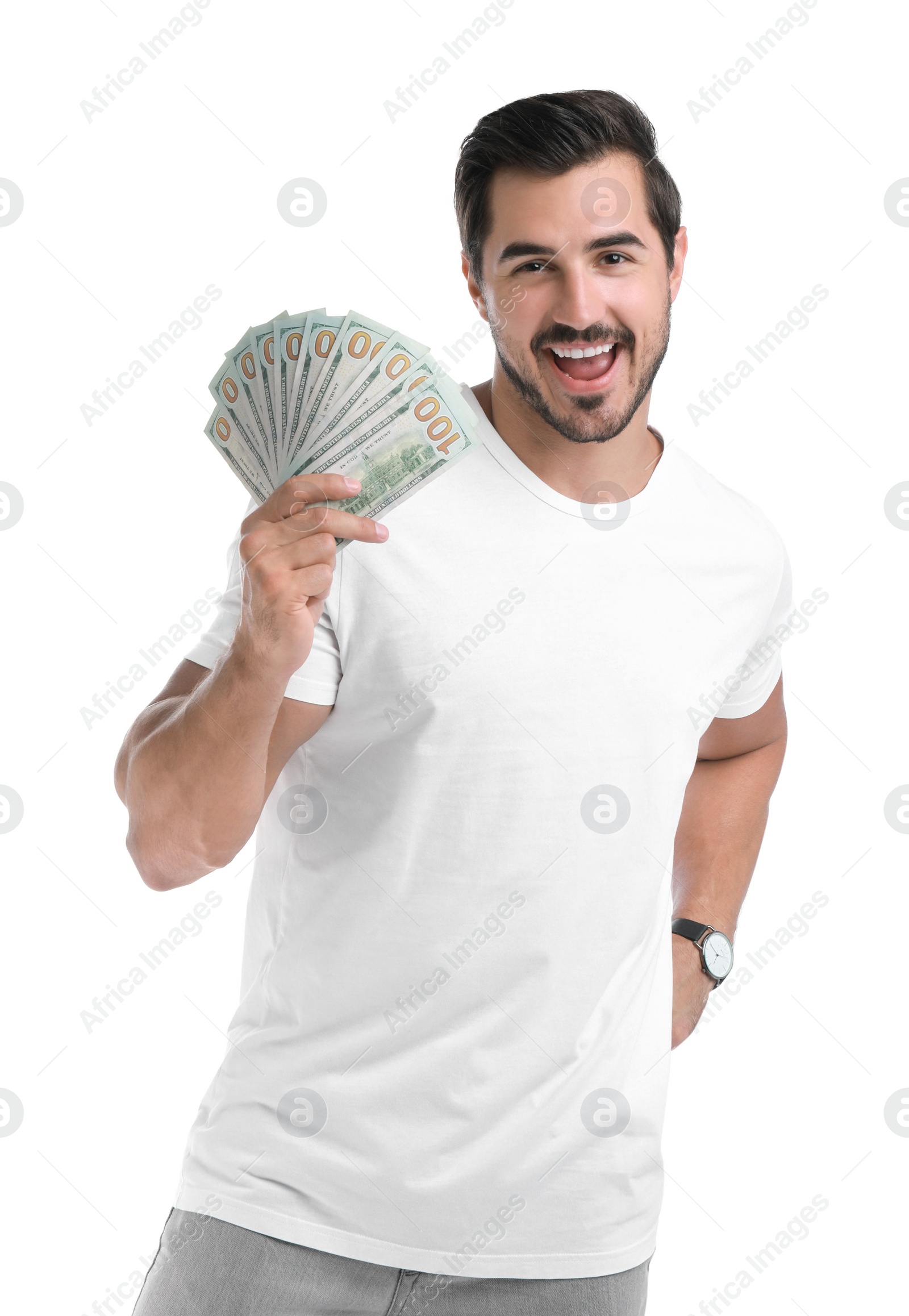 Photo of Handsome young man with dollars on white background