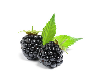 Photo of Delicious fresh ripe blackberries with leaves isolated  on white