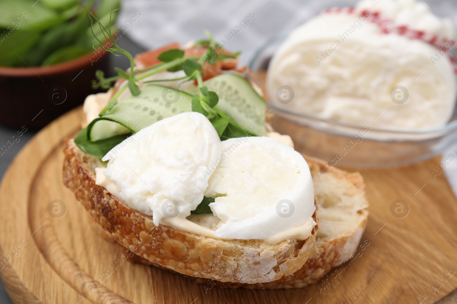 Photo of Tasty sandwich with burrata cheese and cucumber on wooden board, closeup