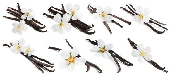 Image of Set with aromatic vanilla pods and flowers on white background, top view. Banner design