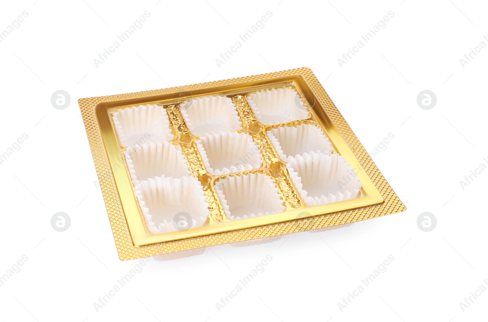 Photo of Empty box of chocolate candies isolated on white