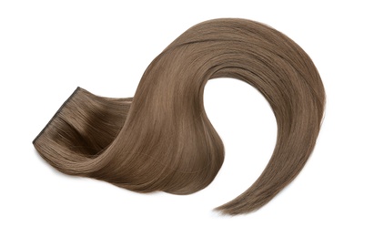 Lock of brown straight hair on white background, top view