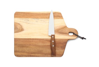 Wooden cutting board with knife isolated on white, top view. Cooking utensils