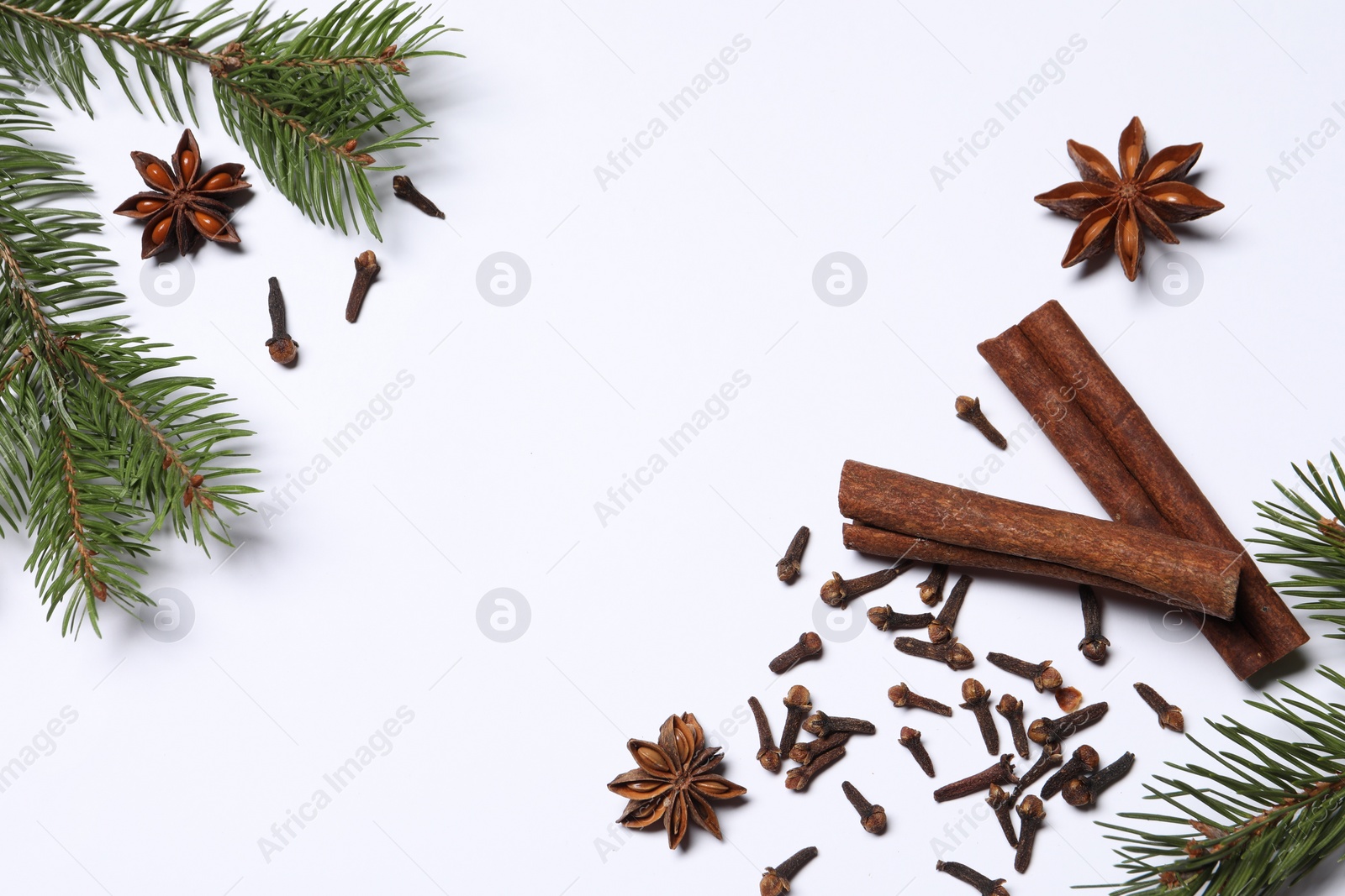 Photo of Different spices and fir branches on white table, flat lay. Space for text