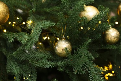 Photo of Christmas balls hanging on fir tree, closeup