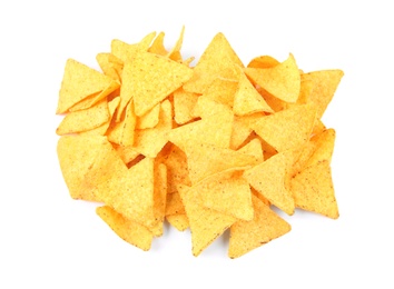 Tasty Mexican nachos chips on white background, top view