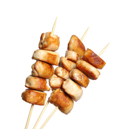Photo of Delicious chicken shish kebabs on white background