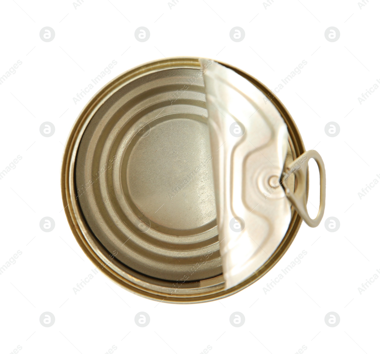 Photo of Open tin can isolated on white, top view