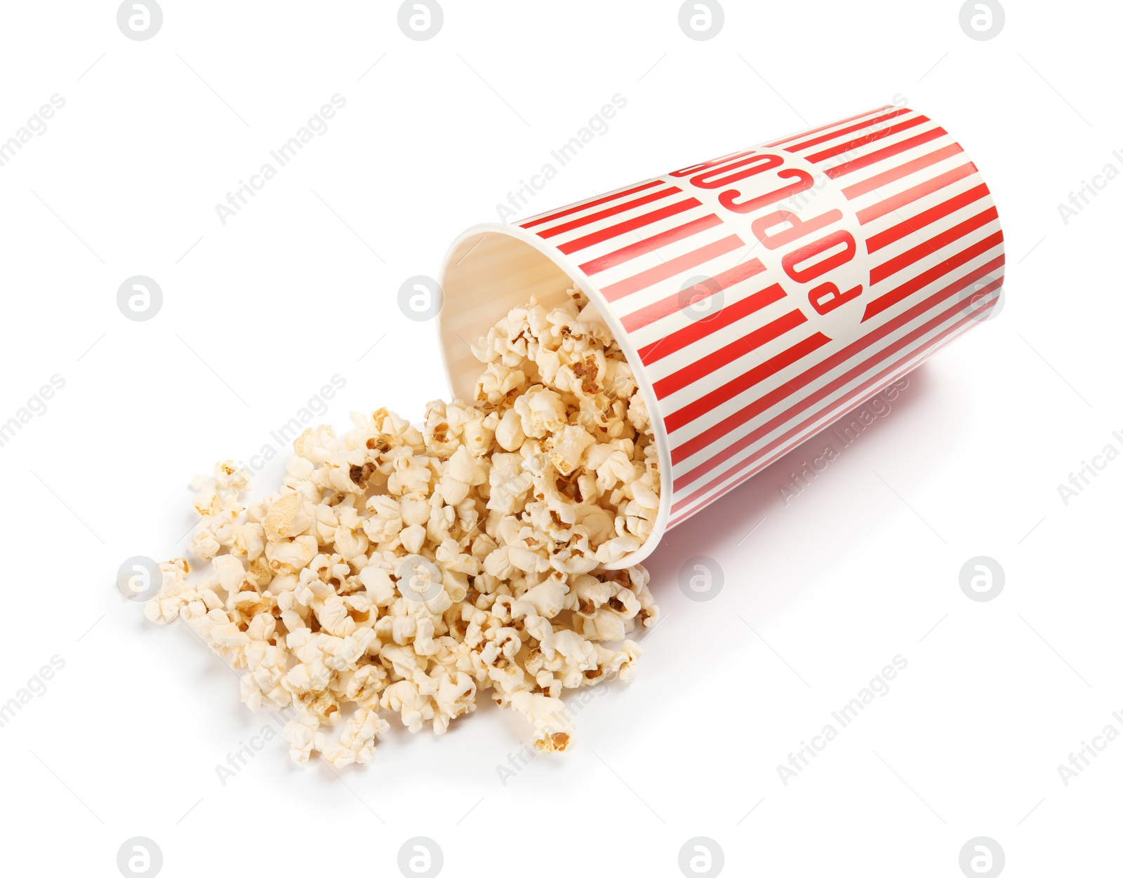 Photo of Paper cup with of tasty popcorn on white background