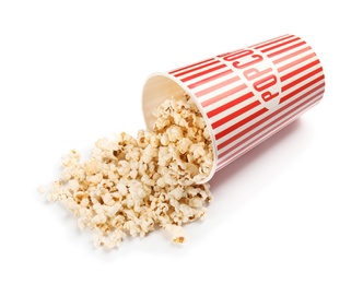 Paper cup with of tasty popcorn on white background