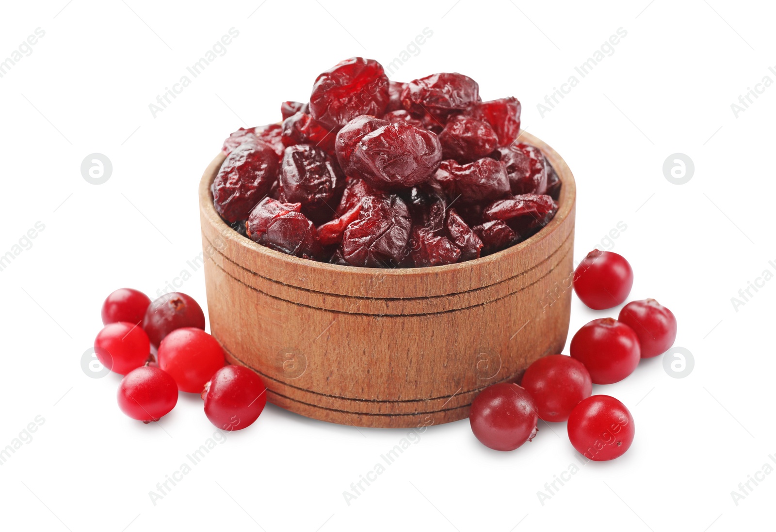Photo of Tasty dried cranberries and bowl isolated on white