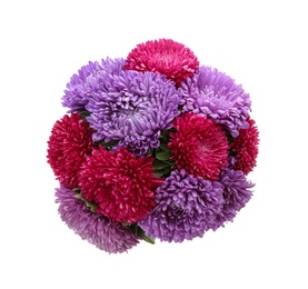 Bouquet of beautiful asters isolated on white, top view. Autumn flowers