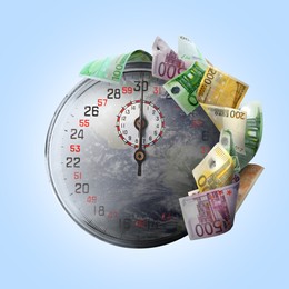 Image of Speed of money transaction. Double exposure of planet and stopwatch with euro banknotes on light blue background, illustration