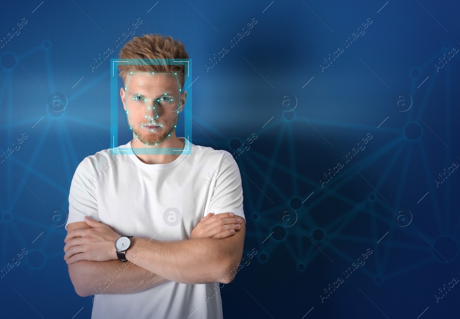 Image of Facial recognition system. Young man with scanner frame and digital biometric grid on blue background